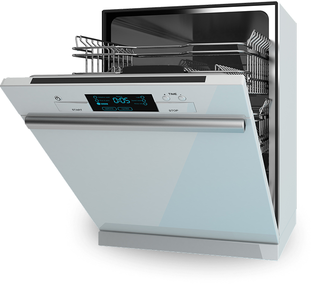 Group 100 Open dishwasher with digital display, racks pulled halfway out, and a modern stainless steel finish.