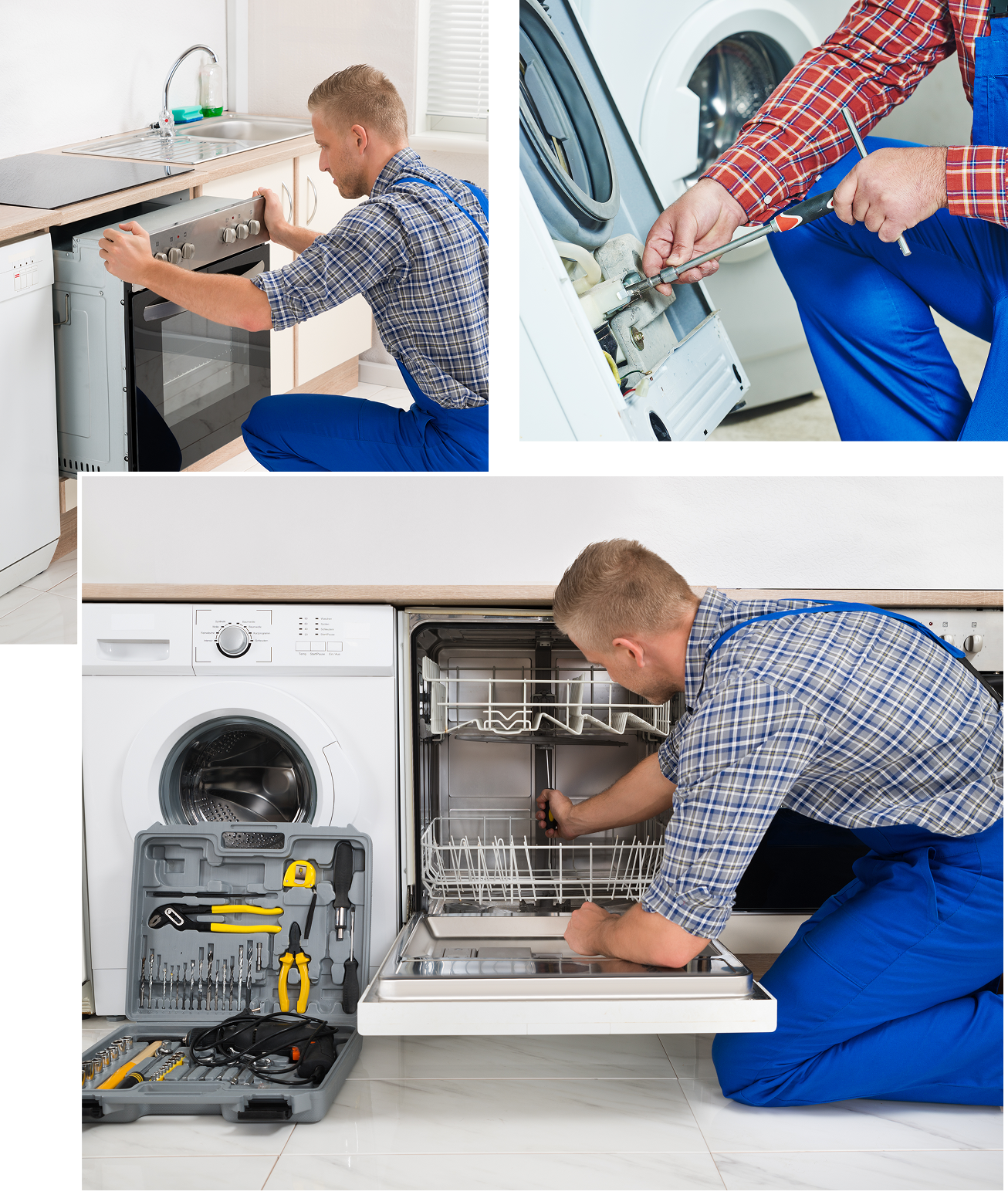 Group 12 A technician in blue overalls repairs a dishwasher and a washing machine, using various tools from an open toolkit on a kitchen floor.