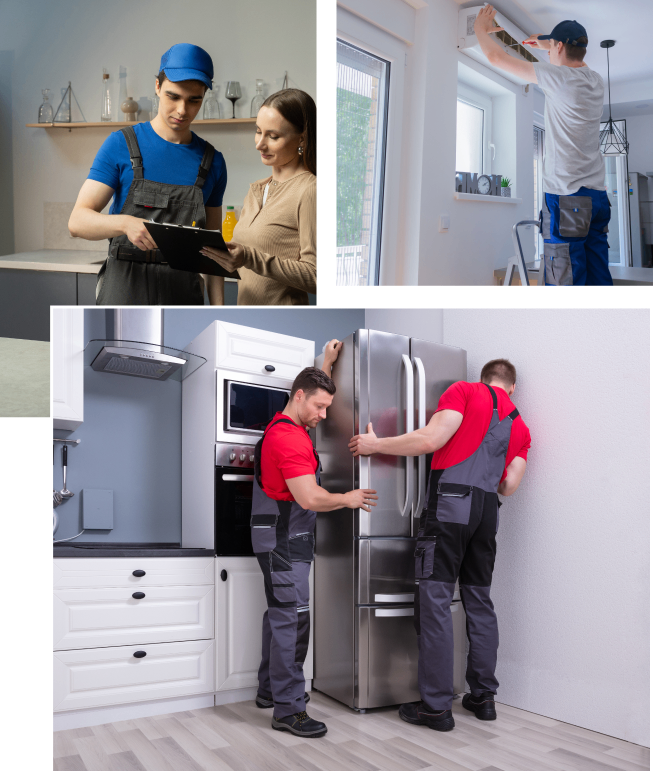 Group 12 Three images: Top-left shows a worker and a woman reviewing a tablet; top-right has a worker installing HVAC; bottom depicts two workers moving a refrigerator in a modern kitchen.