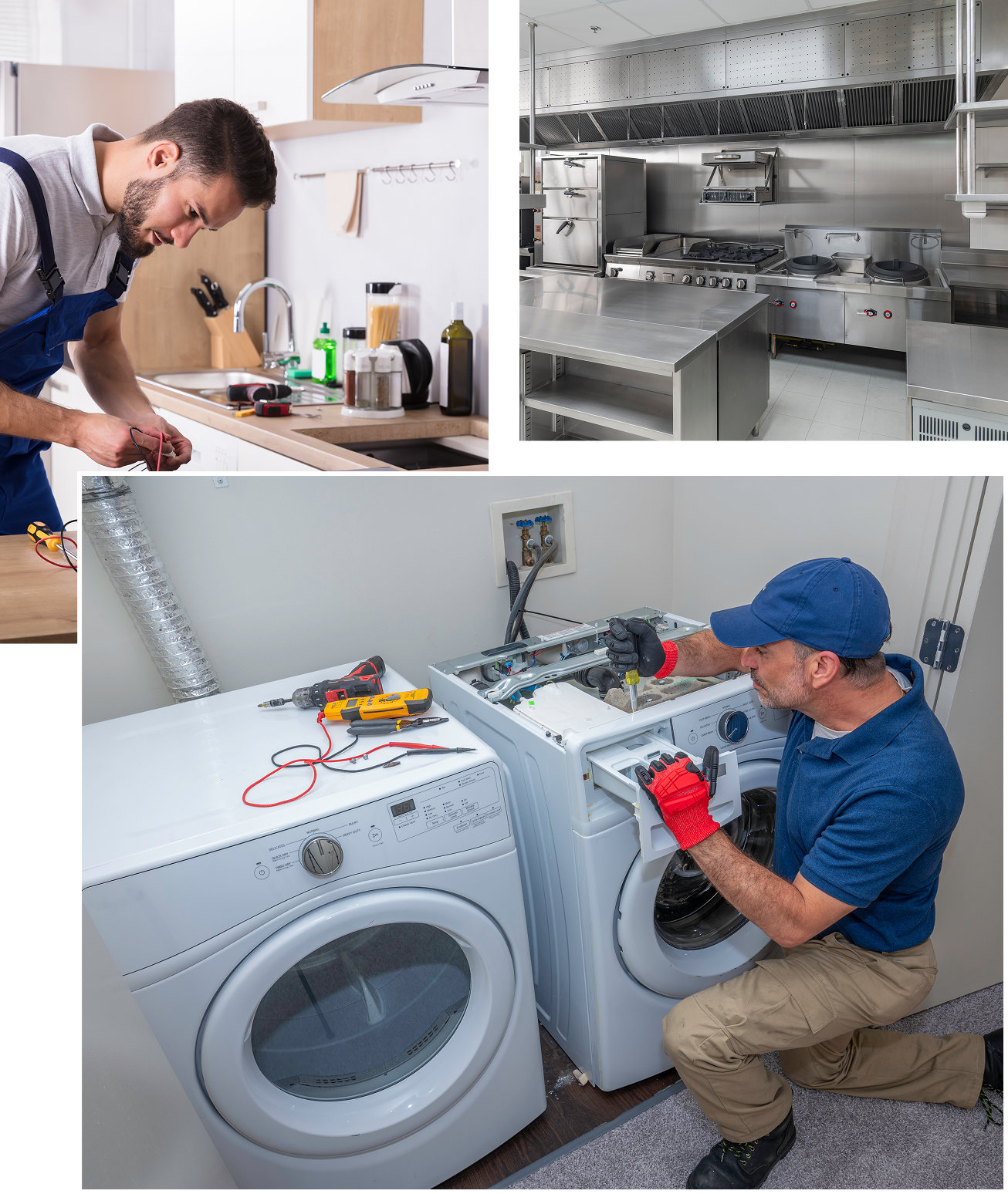 Group 13 Collage of a man fixing a kitchen sink, an empty industrial kitchen, and a person repairing a washing machine in a laundry room.