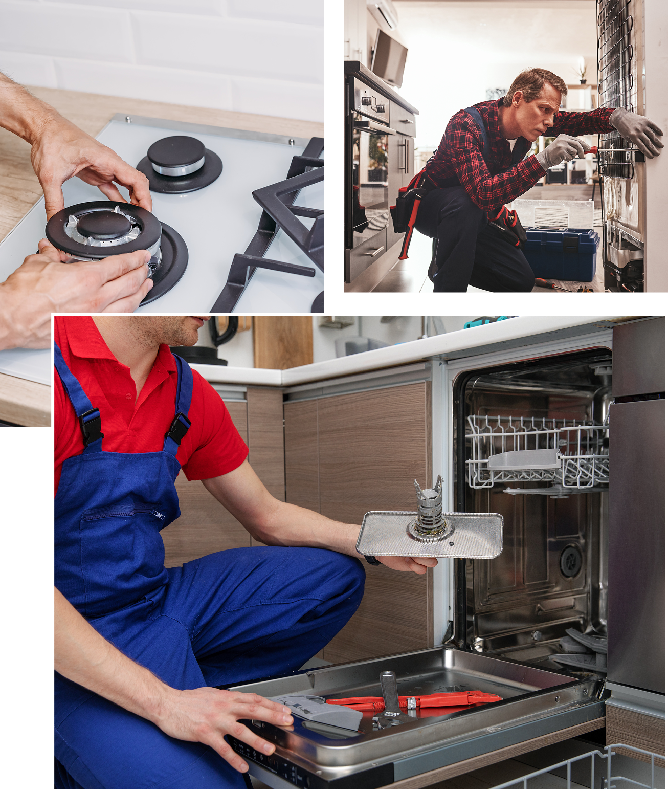 Group 15 Technicians repairing and inspecting home appliances: stovetop, dishwasher, and electrical wiring.